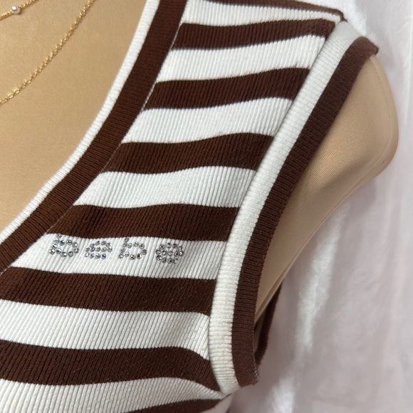97. Bebe Brown & White Striped Ribbed Sleeveless Top – Size Large - Picture 3 of 5
